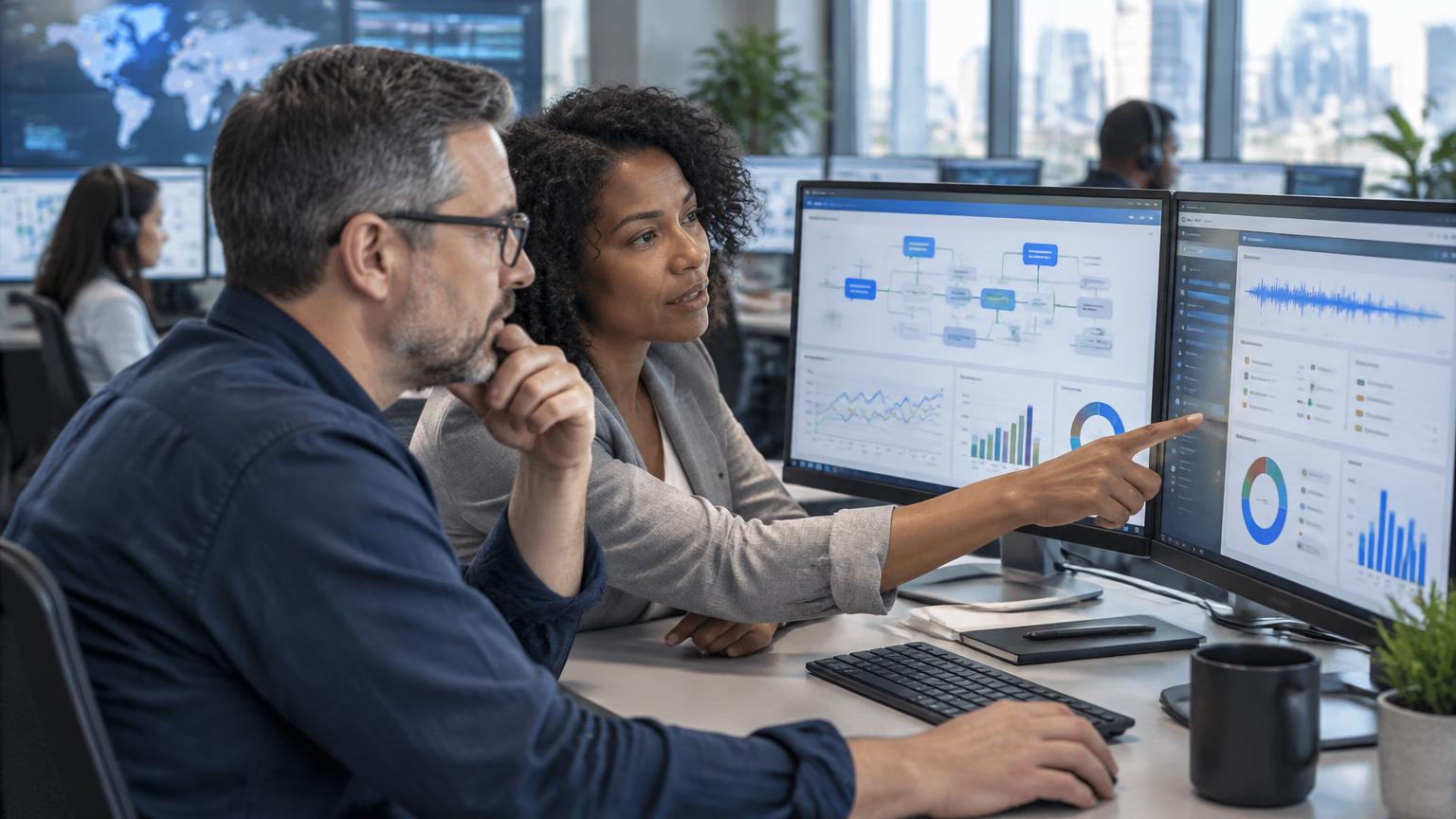 Illustrative scene of contact center AI specialists reviewing conversation flows and quality analytics