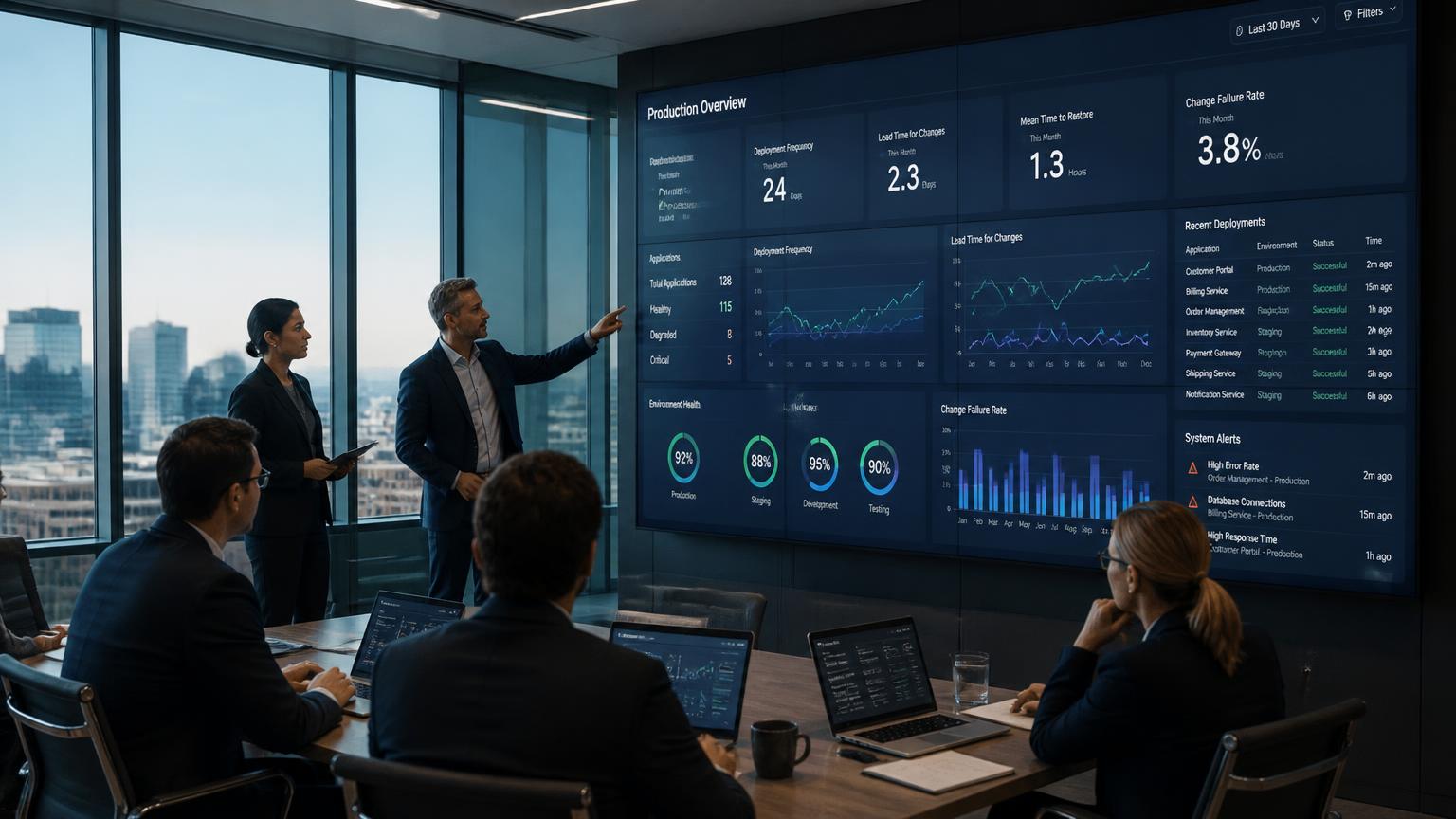 Enterprise leaders and delivery leads reviewing live production AI performance dashboards in a corporate operations room